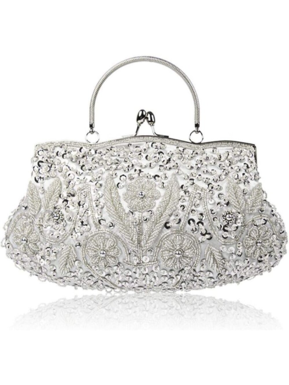 Women's Silver Beaded Sequin Floral Vintage Kiss Lock Satin Clutch Evening Bag